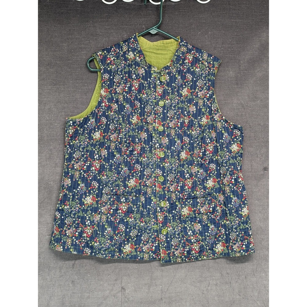 Floral Reversable Quilted Vest Blue Floral Green Corduroy Cottage Wear Plus Size